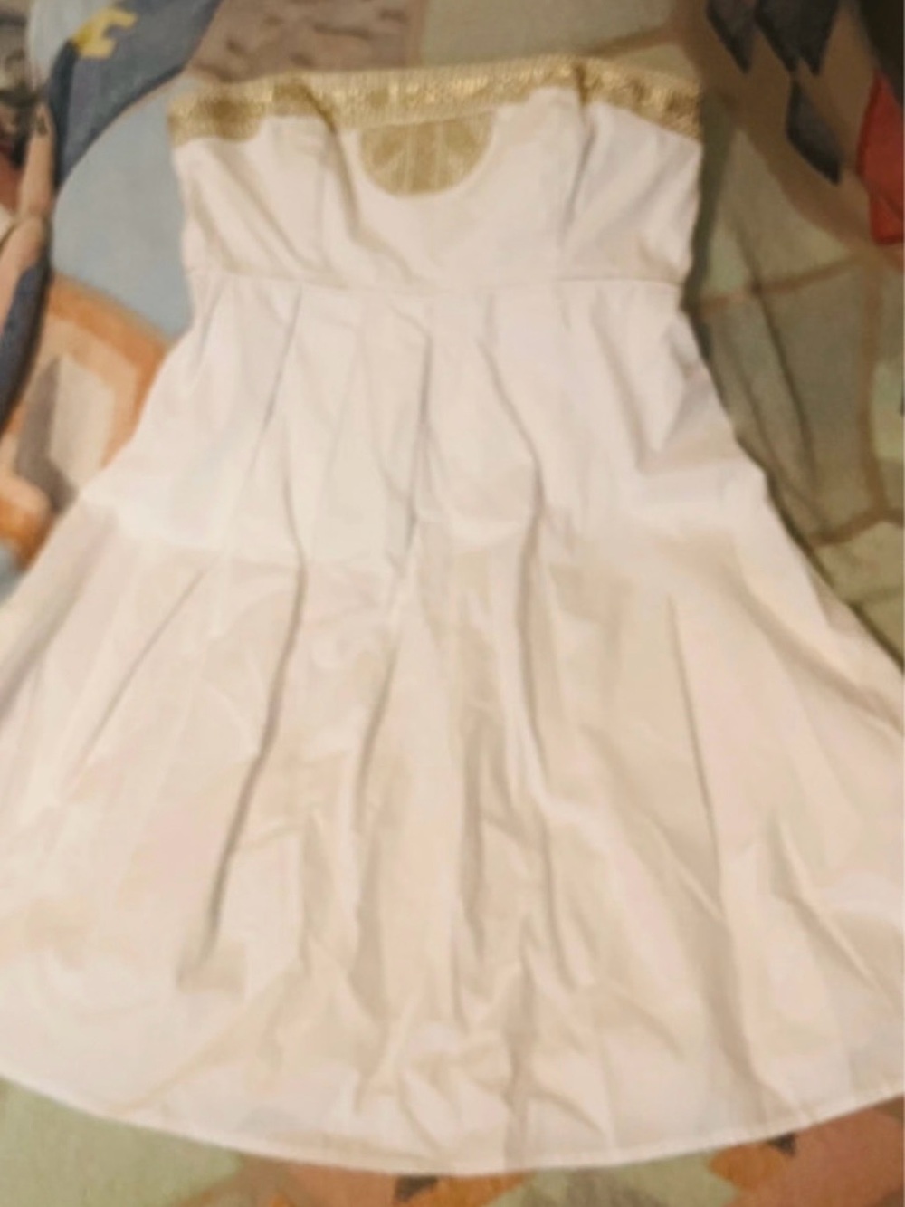 White House Black Market White Strapless Dress with Gold Trim